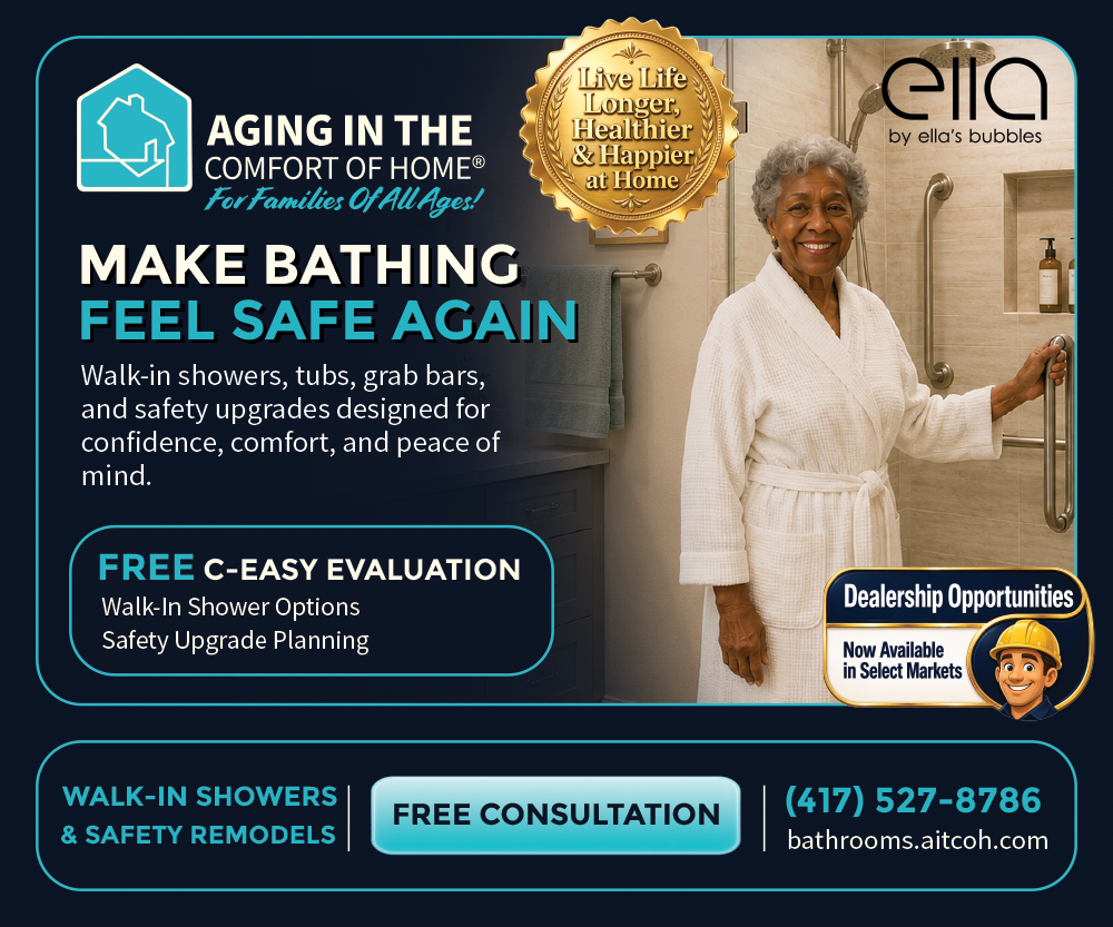 Bathrooms campaign ad: Make Bathing Feel Safe Again. A smiling senior woman holds a grab bar in a bright walk-in shower on a deep navy layout with a free C-Easy™ evaluation offer, financing as low as $39.95 per month, and bathrooms.aitcoh.com.