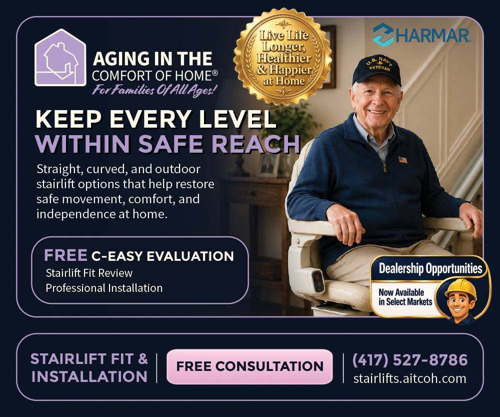 Stairlifts campaign ad: Keep Every Level Within Safe Reach. A smiling Navy veteran rides a stairlift at home on a deep navy and purple layout with the HARMAR® partner mark, a free C-Easy™ evaluation offer, financing as low as $39.95 per month, and stairlifts.aitcoh.com.